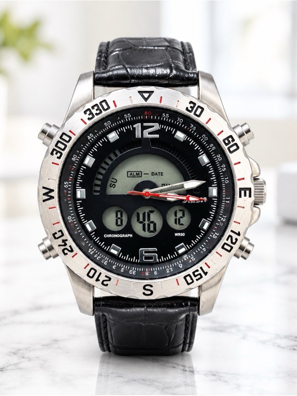 Stauer Compendium Hybrid Analog/Digital Chronograph Quartz Leather Strap